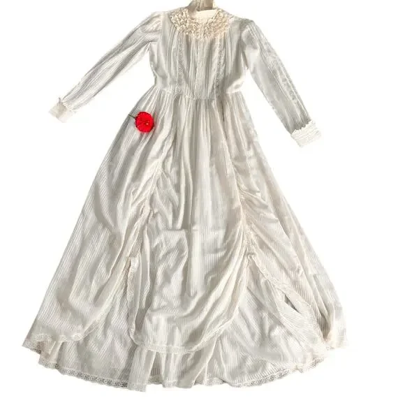 Vintage 1970s Laura Ashley White Womens Dress Edwardian Prairie Ruffled Size 14 - Picture 6 of 14